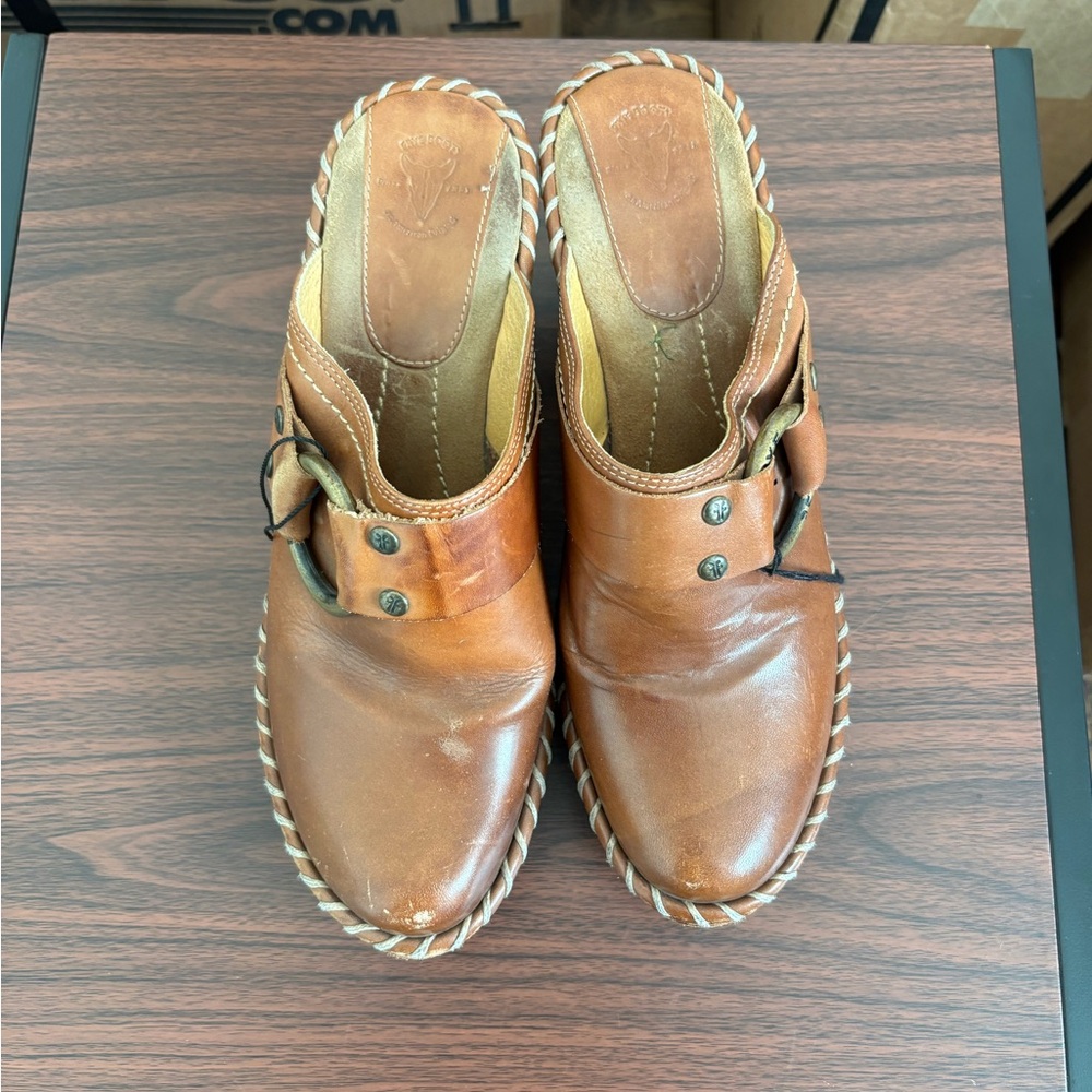 Frye Women Charlotte Ring Brown Leather Heel Clog Mule Shoes